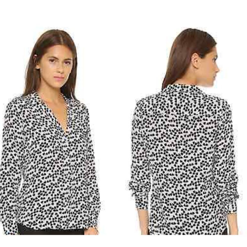 Equipment Womens Silk Shirt Size XS White Black Hearts Work Career Corporate Top